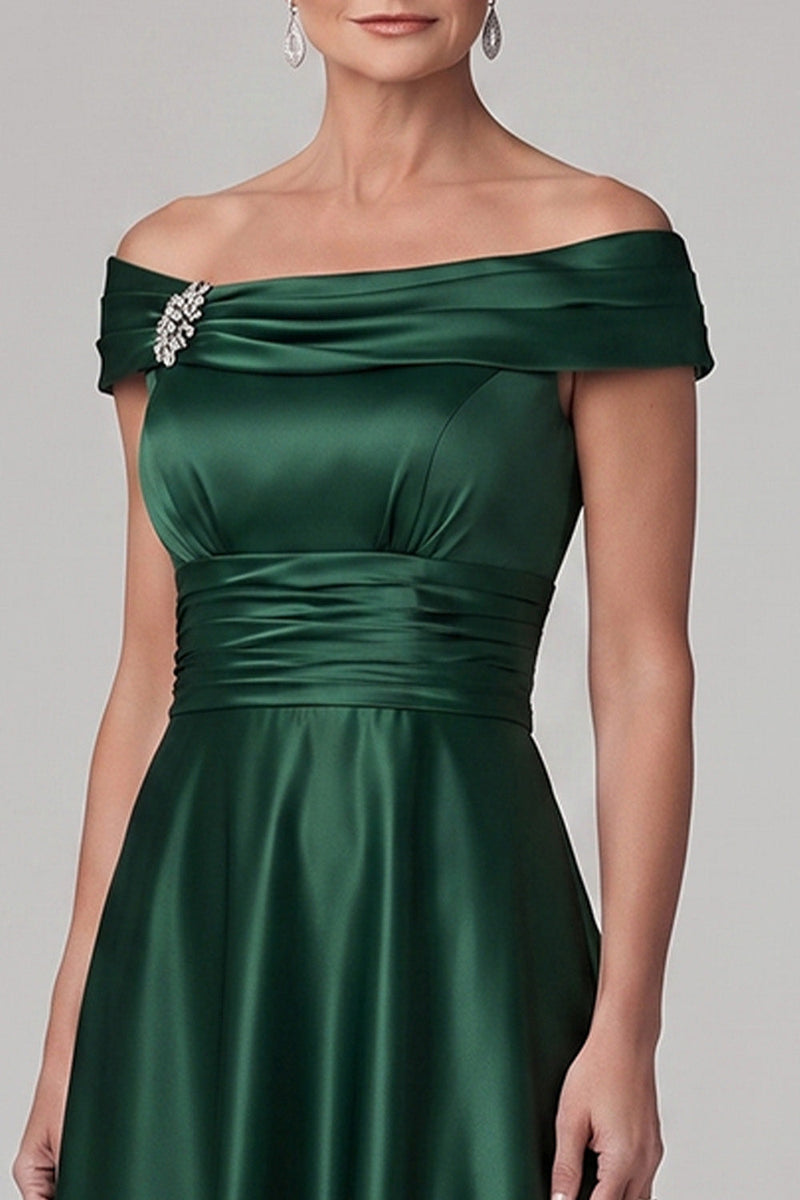 Load image into Gallery viewer, Satin Dark Green Sparkly Ruched A Line Midi Mother of the Bride Dress with Rhinestone