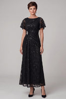 Load image into Gallery viewer, Sparkly Black A Line Ruched Sequin Lace Long Mother of the Bride Dress with Rhinestone