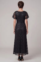 Load image into Gallery viewer, Sparkly Black A Line Ruched Sequin Lace Long Mother of the Bride Dress with Rhinestone