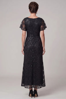 Sparkly Black A Line Ruched Sequin Lace Long Mother of the Bride Dress with Rhinestone
