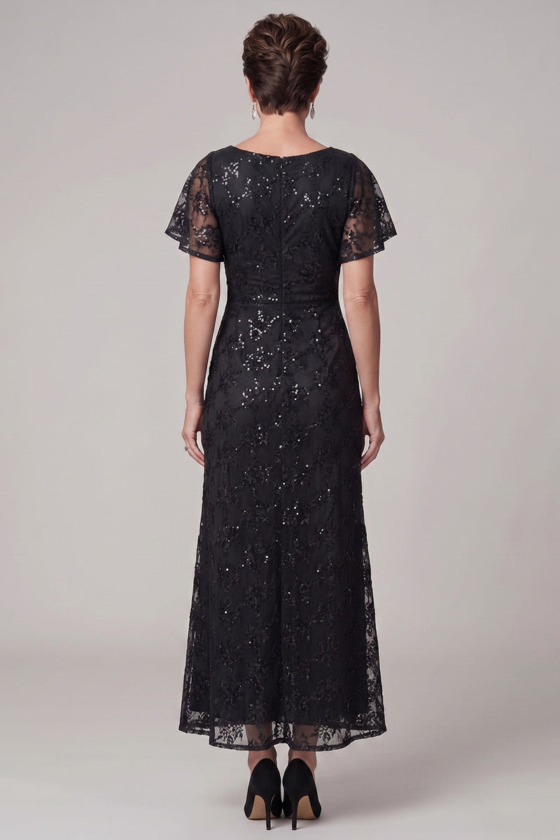 Load image into Gallery viewer, Sparkly Black A Line Ruched Sequin Lace Long Mother of the Bride Dress with Rhinestone