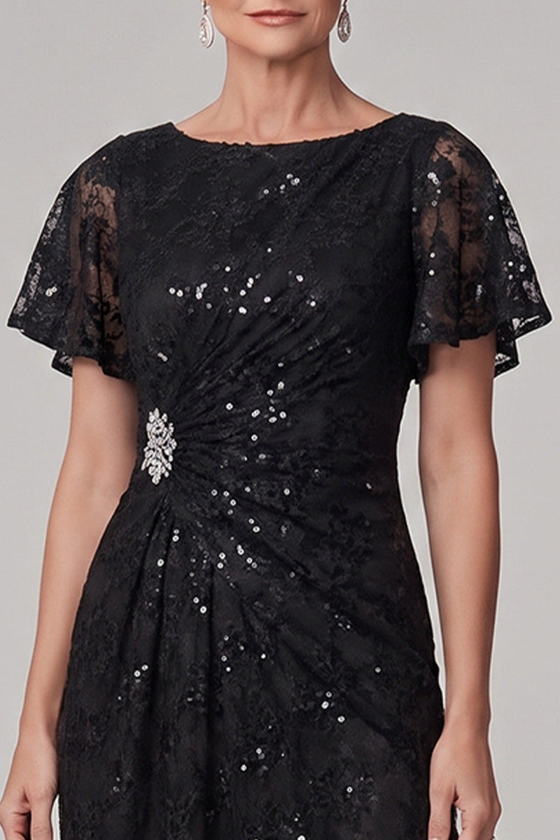 Load image into Gallery viewer, Sparkly Black A Line Ruched Sequin Lace Long Mother of the Bride Dress with Rhinestone
