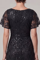Load image into Gallery viewer, Sparkly Black A Line Ruched Sequin Lace Long Mother of the Bride Dress with Rhinestone