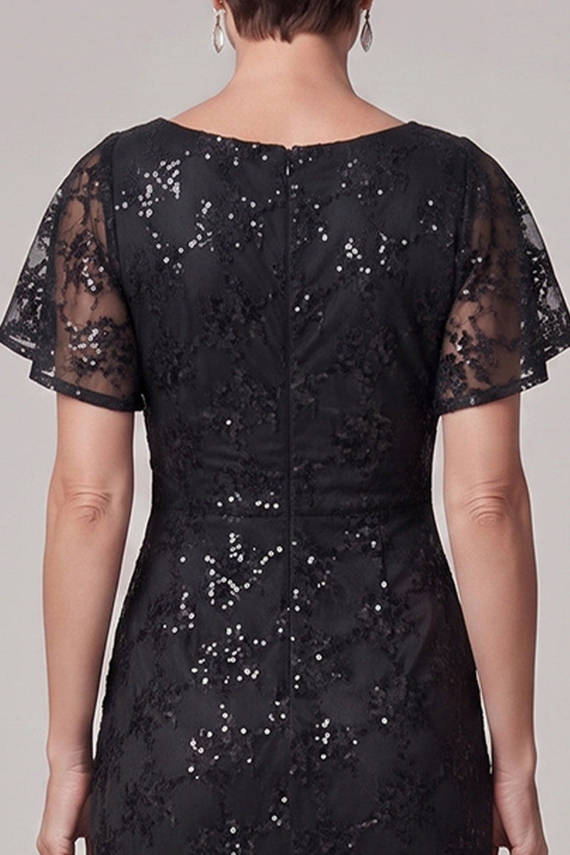 Load image into Gallery viewer, Sparkly Black A Line Ruched Sequin Lace Long Mother of the Bride Dress with Rhinestone