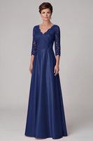 Load image into Gallery viewer, A Line Navy Lace V-Neck Long Mother of the Bride Dress with Sleeves