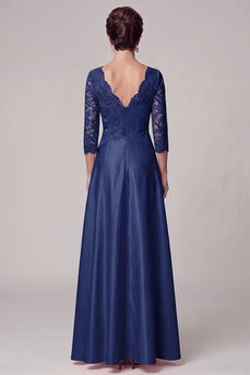 A Line Navy Lace V-Neck Long Mother of the Bride Dress with Sleeves