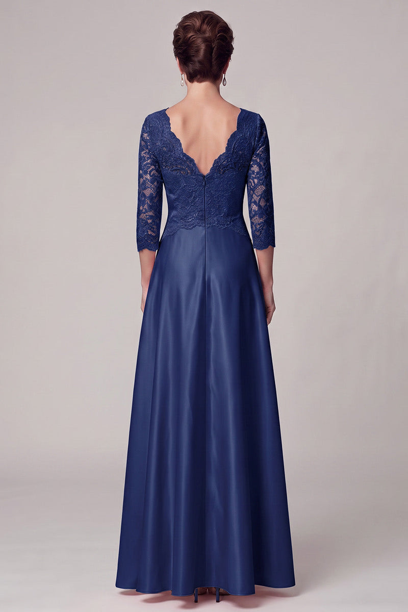 Load image into Gallery viewer, A Line Navy Lace V-Neck Long Mother of the Bride Dress with Sleeves