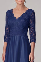 Load image into Gallery viewer, A Line Navy Lace V-Neck Long Mother of the Bride Dress with Sleeves