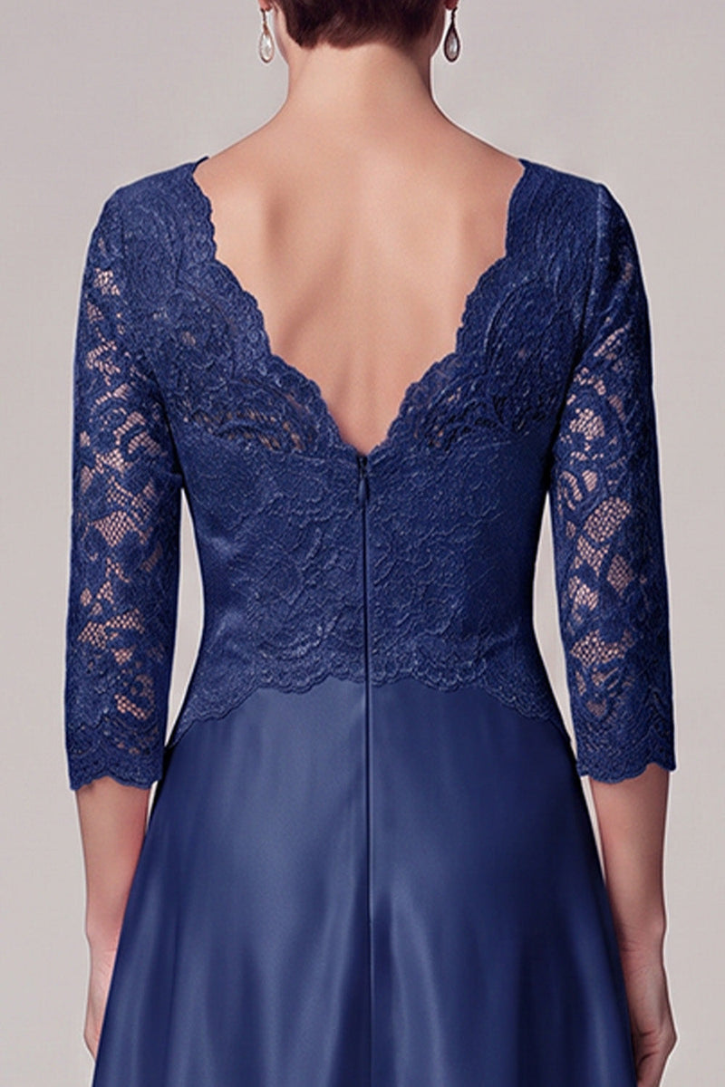 Load image into Gallery viewer, A Line Navy Lace V-Neck Long Mother of the Bride Dress with Sleeves