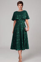 Load image into Gallery viewer, Floral Dark Green A Line Boat Neck Midi Mother of the Bride Dress with Cape