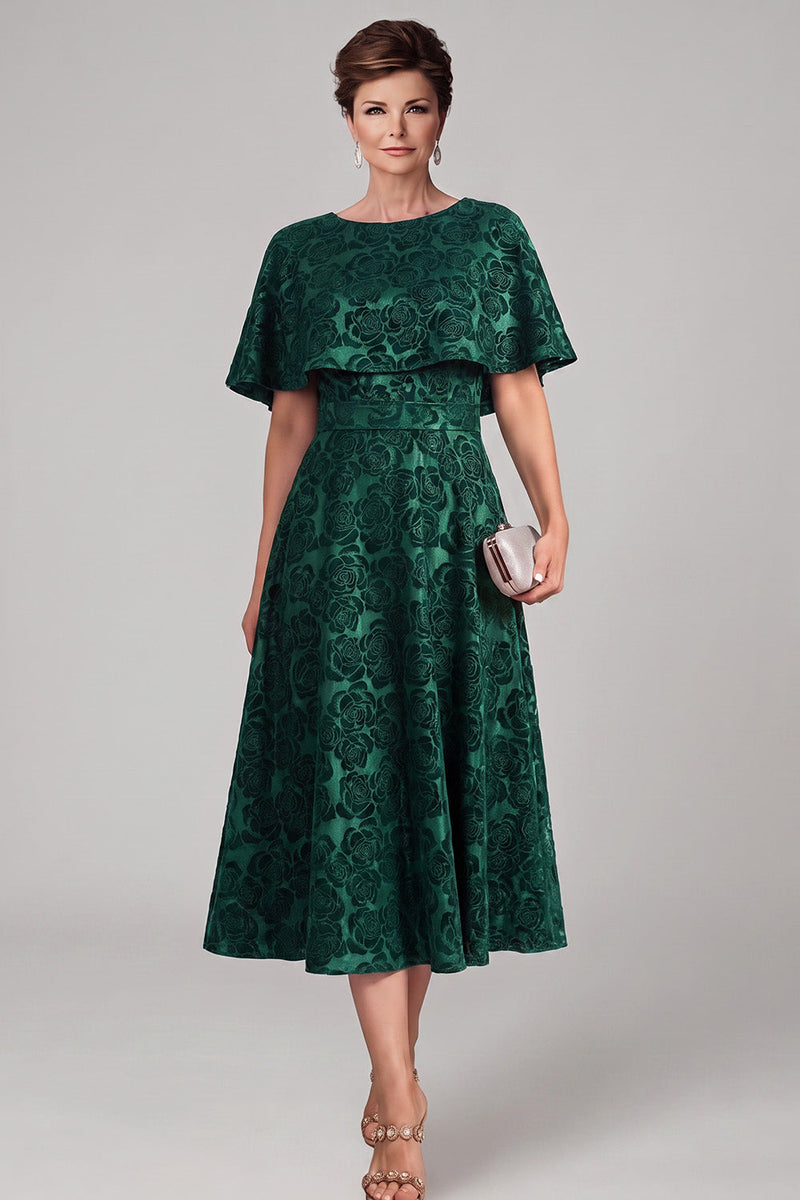 Load image into Gallery viewer, Floral Dark Green A Line Boat Neck Midi Mother of the Bride Dress with Cape