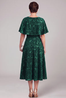 Floral Dark Green A Line Boat Neck Midi Mother of the Bride Dress with Cape