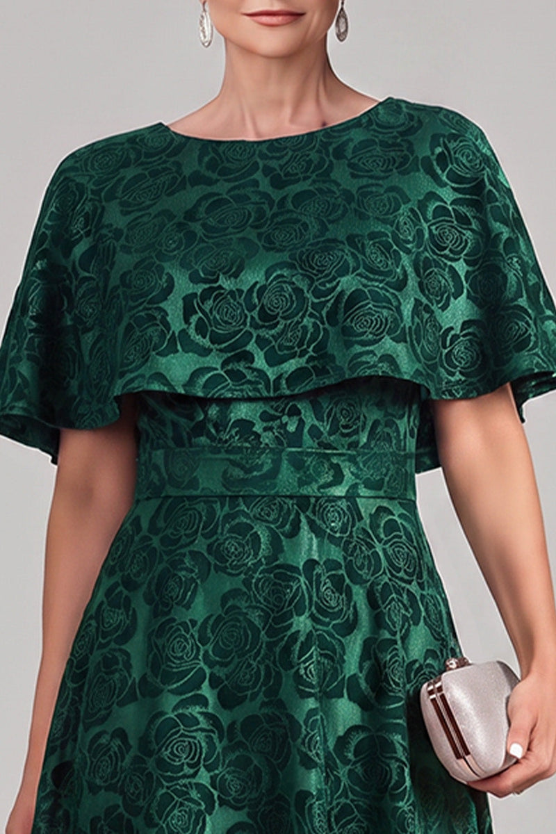 Load image into Gallery viewer, Floral Dark Green A Line Boat Neck Midi Mother of the Bride Dress with Cape