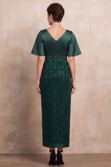 Sparkly Dark Green Sheath Ruched Floral Long Mother of the Bride Dress with Beading