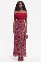 Load image into Gallery viewer, Burgundy Sparkly Beaded Ruched Off the Shoulder Floral Long Wedding Guest Dress