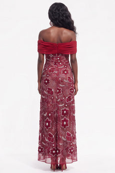 Burgundy Sparkly Beaded Ruched Off the Shoulder Floral Long Wedding Guest Dress