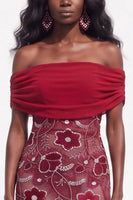 Load image into Gallery viewer, Burgundy Sparkly Beaded Ruched Off the Shoulder Floral Long Wedding Guest Dress