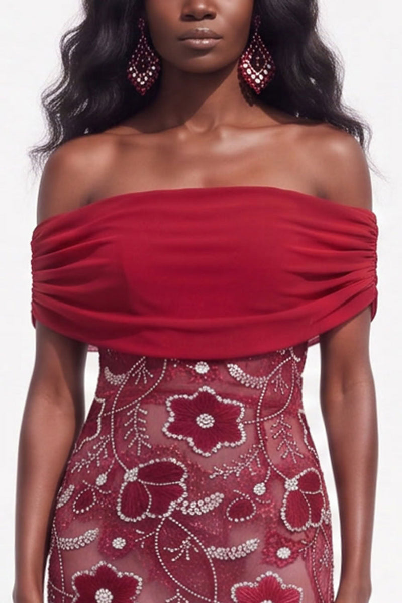 Load image into Gallery viewer, Burgundy Sparkly Beaded Ruched Off the Shoulder Floral Long Wedding Guest Dress