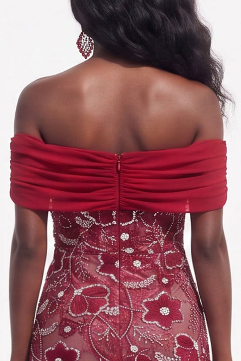Load image into Gallery viewer, Burgundy Sparkly Beaded Ruched Off the Shoulder Floral Long Wedding Guest Dress