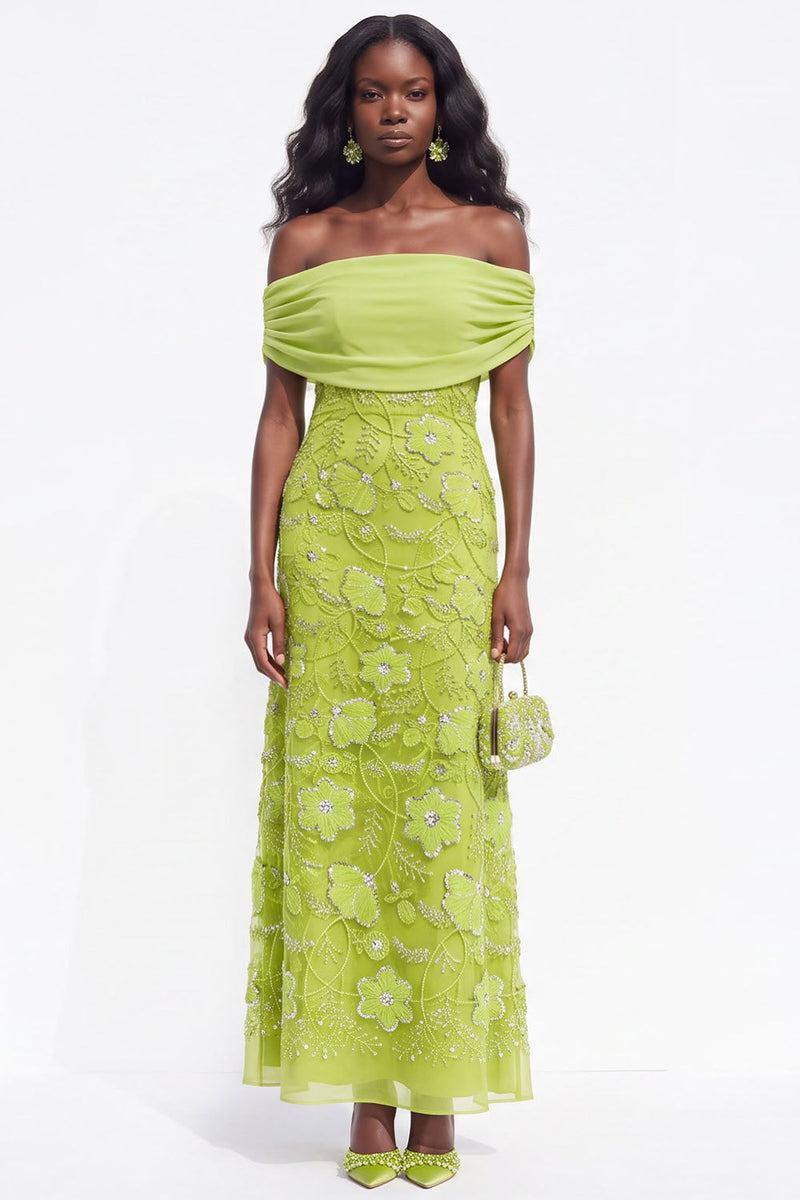 Load image into Gallery viewer, Burgundy Sparkly Beaded Ruched Off the Shoulder Floral Long Wedding Guest Dress