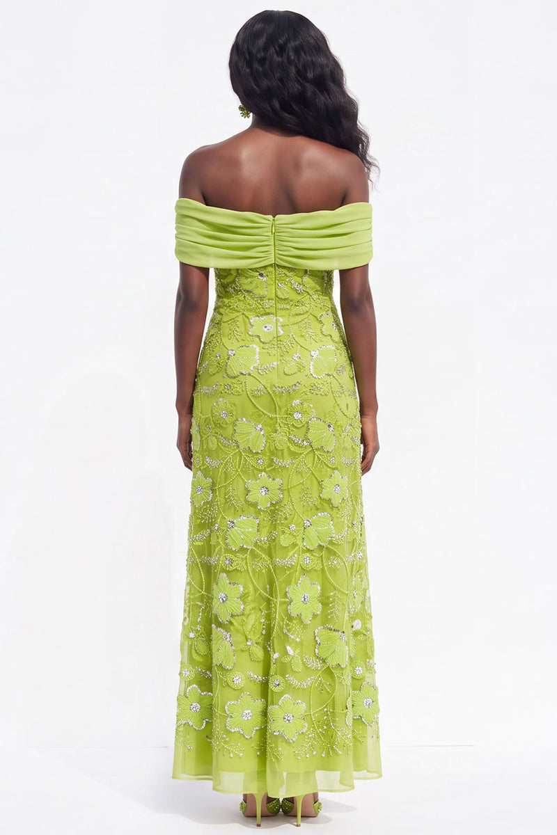 Load image into Gallery viewer, Burgundy Sparkly Beaded Ruched Off the Shoulder Floral Long Wedding Guest Dress
