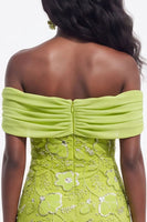 Load image into Gallery viewer, Burgundy Sparkly Beaded Ruched Off the Shoulder Floral Long Wedding Guest Dress