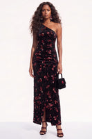 Load image into Gallery viewer, Sparkly Golden One Shoulder Sequins Sheath Velevet Long Wedding Guest Dress