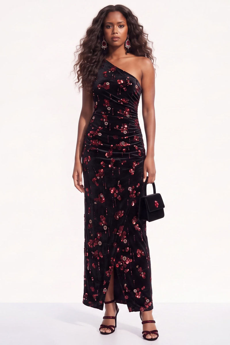 Load image into Gallery viewer, Sparkly Golden One Shoulder Sequins Sheath Velevet Long Wedding Guest Dress