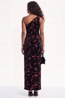 Load image into Gallery viewer, Sparkly Golden One Shoulder Sequins Sheath Velevet Long Wedding Guest Dress