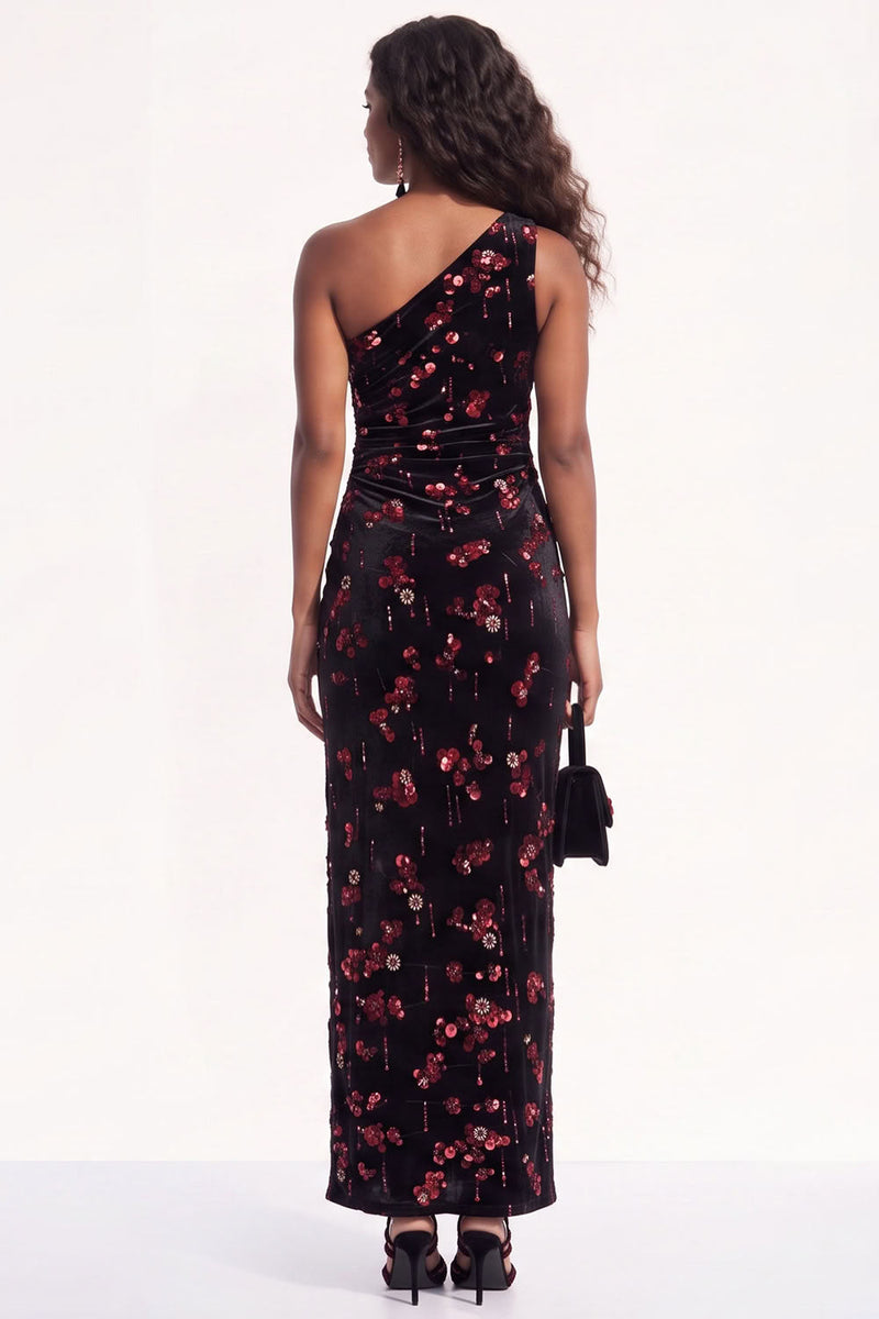 Load image into Gallery viewer, Sparkly Golden One Shoulder Sequins Sheath Velevet Long Wedding Guest Dress