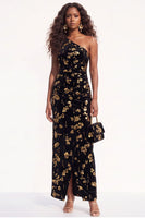 Load image into Gallery viewer, Sparkly Golden One Shoulder Sequins Sheath Velevet Long Wedding Guest Dress