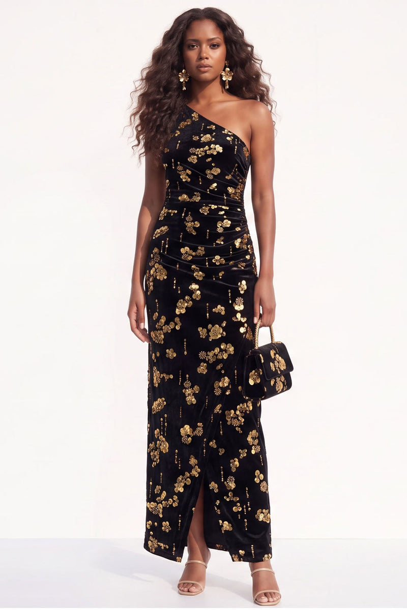 Load image into Gallery viewer, Sparkly Golden One Shoulder Sequins Sheath Velevet Long Wedding Guest Dress