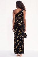 Load image into Gallery viewer, Sparkly Golden One Shoulder Sequins Sheath Velevet Long Wedding Guest Dress