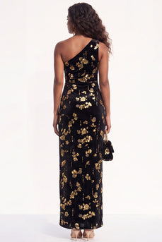 Sparkly Golden One Shoulder Sequins Sheath Velevet Long Wedding Guest Dress
