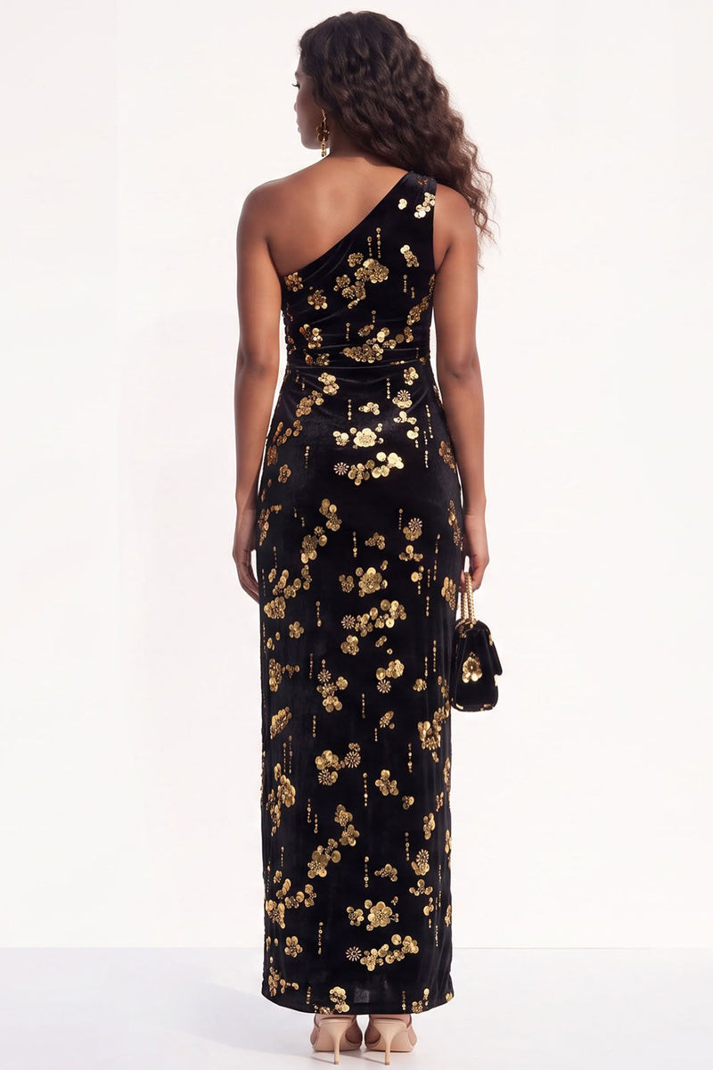 Load image into Gallery viewer, Sparkly Golden One Shoulder Sequins Sheath Velevet Long Wedding Guest Dress