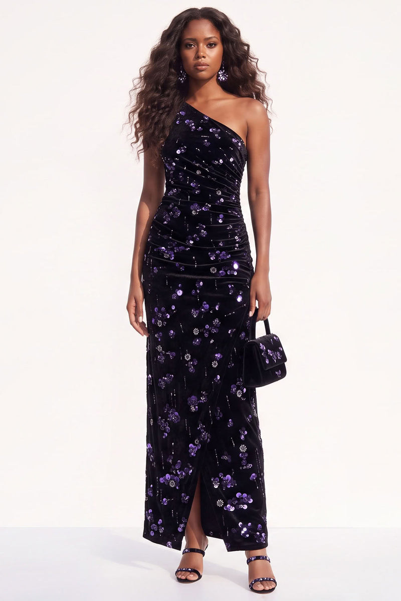 Load image into Gallery viewer, Sparkly Golden One Shoulder Sequins Sheath Velevet Long Wedding Guest Dress