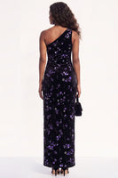 Load image into Gallery viewer, Sparkly Golden One Shoulder Sequins Sheath Velevet Long Wedding Guest Dress