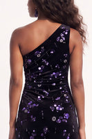 Load image into Gallery viewer, Sparkly Golden One Shoulder Sequins Sheath Velevet Long Wedding Guest Dress