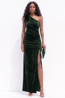 Load image into Gallery viewer, Navy Velvet One Shoulder Sheath Ruched Long Wedding Guest Dress with Slit