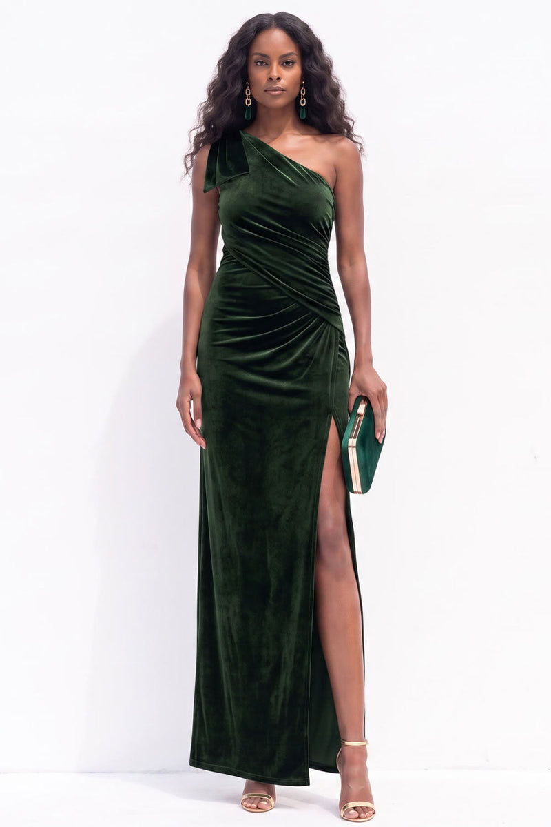 Load image into Gallery viewer, Navy Velvet One Shoulder Sheath Ruched Long Wedding Guest Dress with Slit