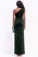 Load image into Gallery viewer, Navy Velvet One Shoulder Sheath Ruched Long Wedding Guest Dress with Slit