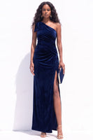Load image into Gallery viewer, Navy Velvet One Shoulder Sheath Ruched Long Wedding Guest Dress with Slit