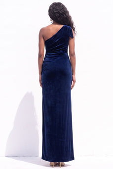 Navy Velvet One Shoulder Sheath Ruched Long Wedding Guest Dress with Slit