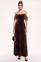 Load image into Gallery viewer, Sheath Brown Velvet Off the Shoulder Long Evening Dress