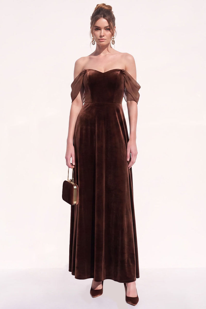 Load image into Gallery viewer, Sheath Brown Velvet Off the Shoulder Long Evening Dress