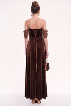 Sheath Brown Velvet Off the Shoulder Long Evening Dress