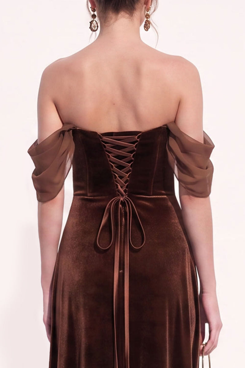Load image into Gallery viewer, Sheath Brown Velvet Off the Shoulder Long Evening Dress