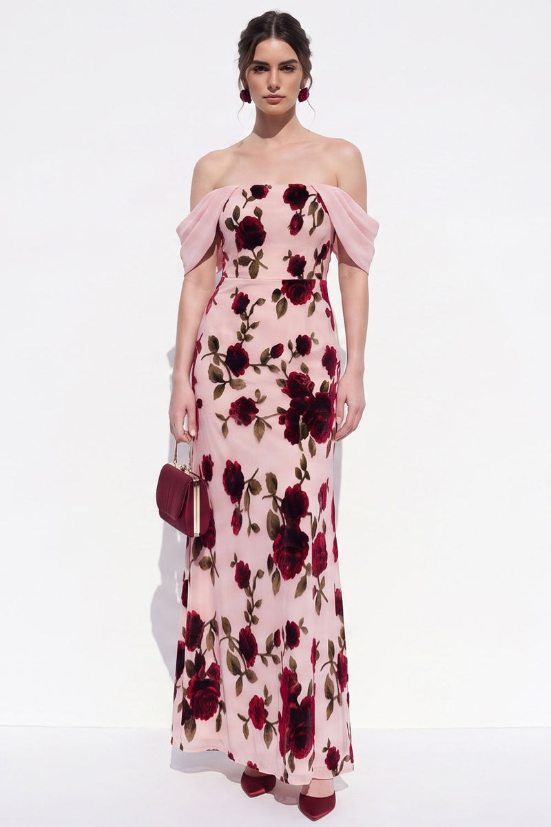 Load image into Gallery viewer, Peach Floral Mermaid Off The Shoulder Long Wedding Guest Dress