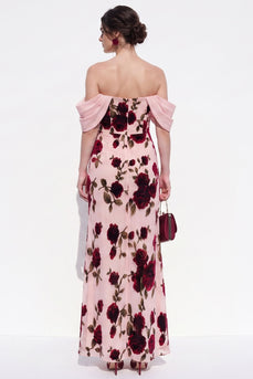 Peach Floral Mermaid Off The Shoulder Long Wedding Guest Dress