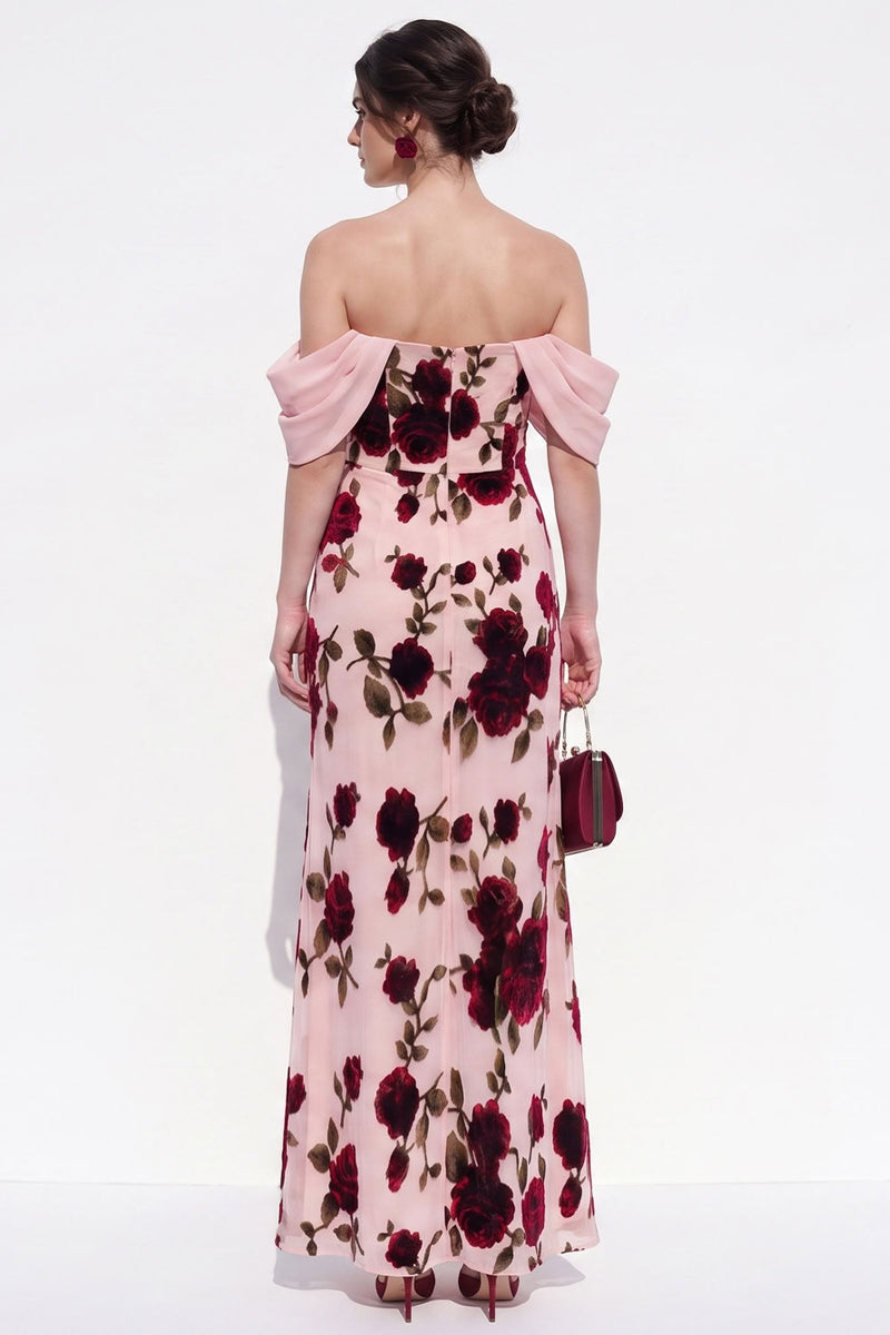 Load image into Gallery viewer, Peach Floral Mermaid Off The Shoulder Long Wedding Guest Dress